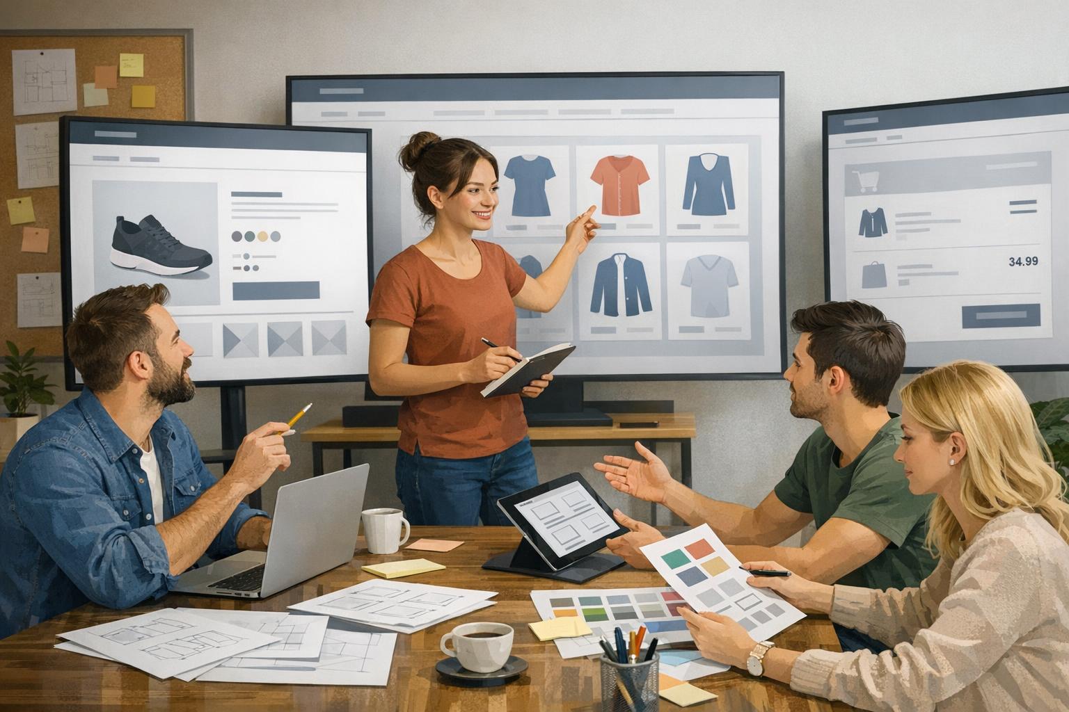 Ilustracja przedstawiająca zespół projektantów pracujących nad ekranami sklepu internetowego
